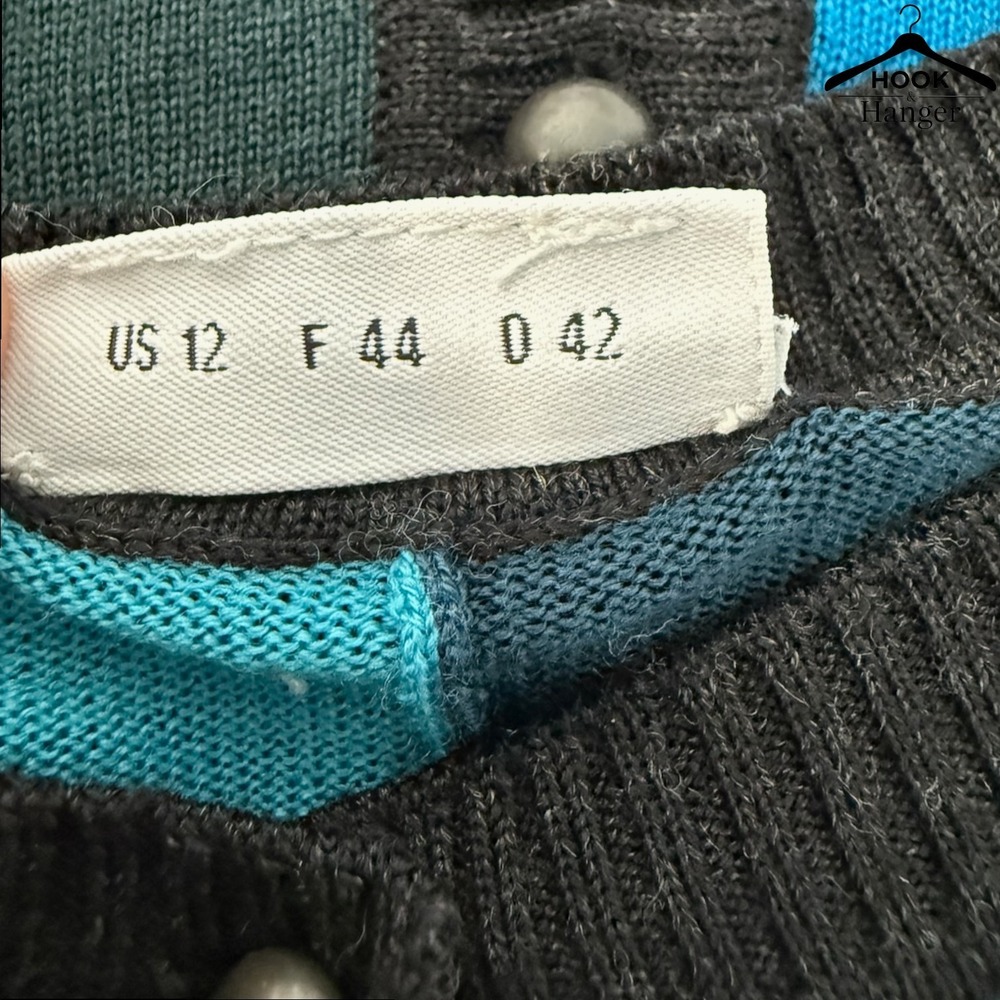 Akris Punto Luxury Patchwork Wool Cardigan 12 Teal Blue Gray Colorblock Sweater - Picture 3 of 9